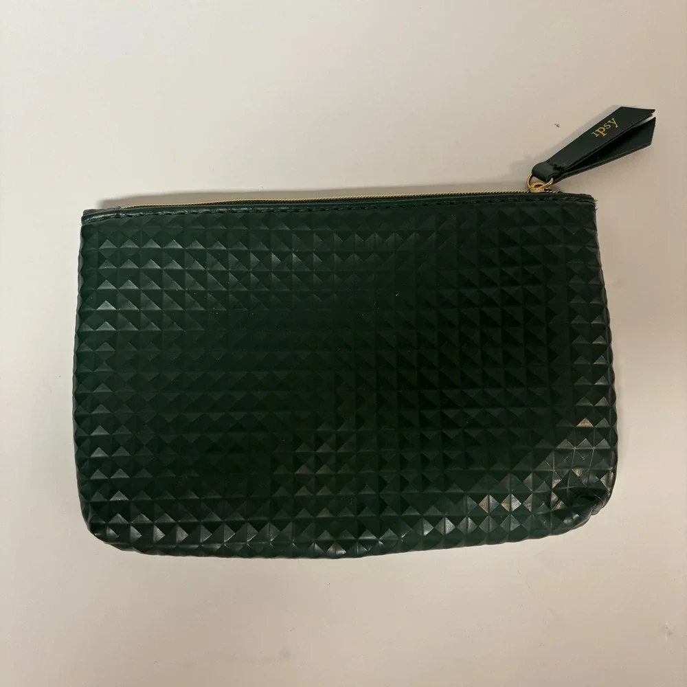 Ipsy Dark Green Textured Geometric Pyramid Makeup Bag Pink Interior Pouch